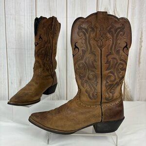 Justin McKayla Boots Embossed Leather Pointed Toe Western Boot Brown Size 9